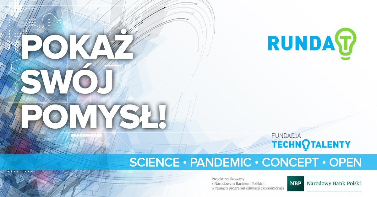 plakat informacyjny, niebieskie tło, napisa"Pokaż swój pomysł, Runda T"