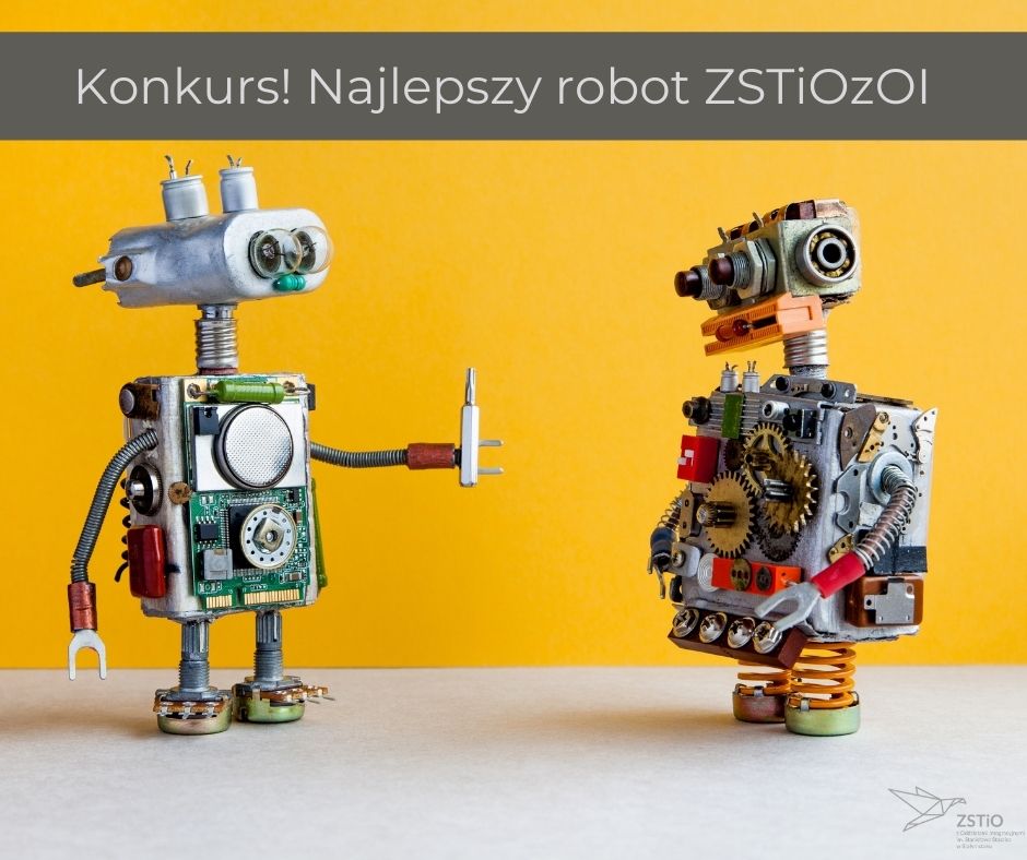 dwa metalowe roboty, jeden trzyma srubokręt, drugi stoi bokiem, na sobie mają śruby, sprężyny