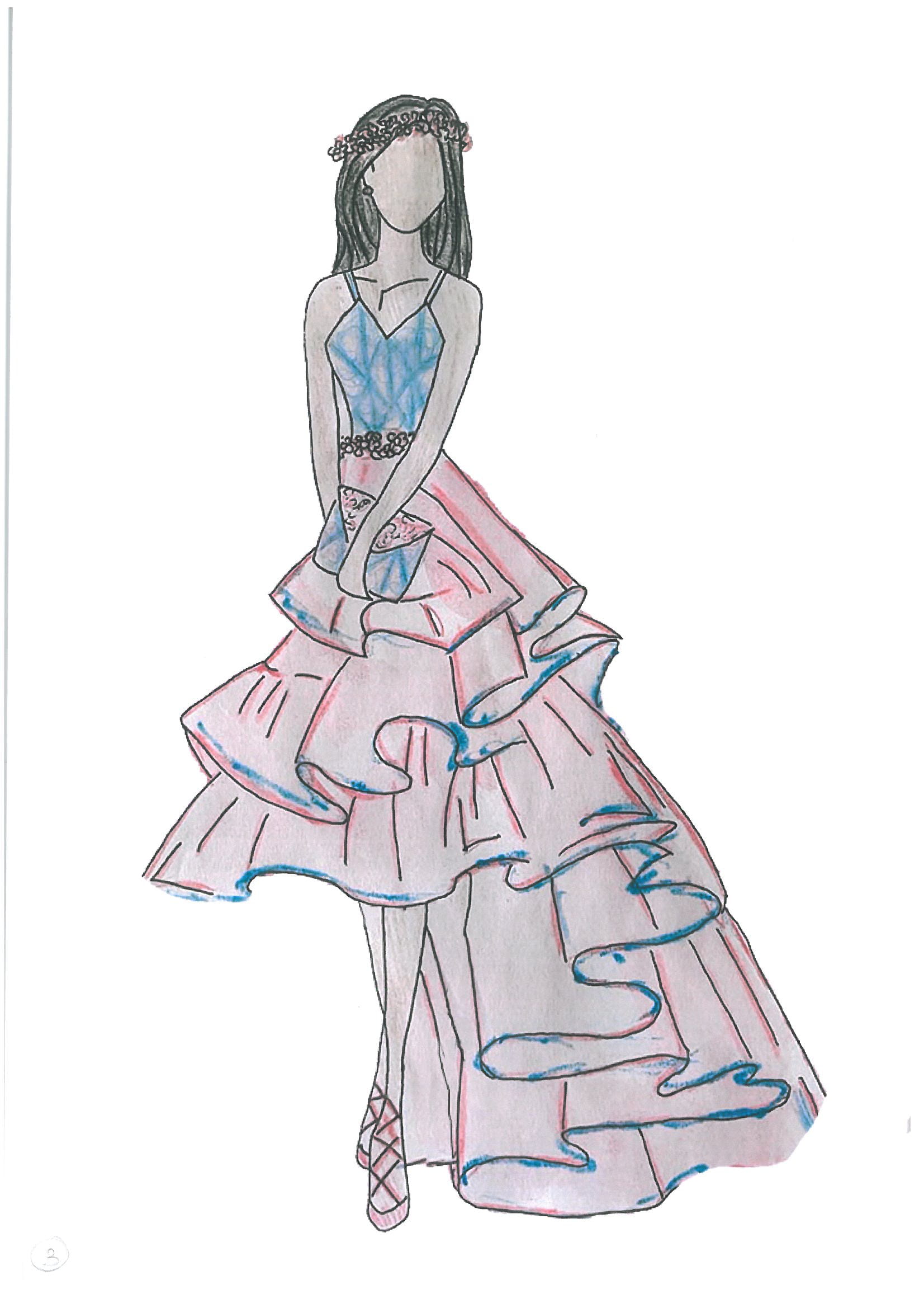 Projekt sukienki koktajlowej narysowanej przez Natalię Kwiotek - uczestniczki konkursu