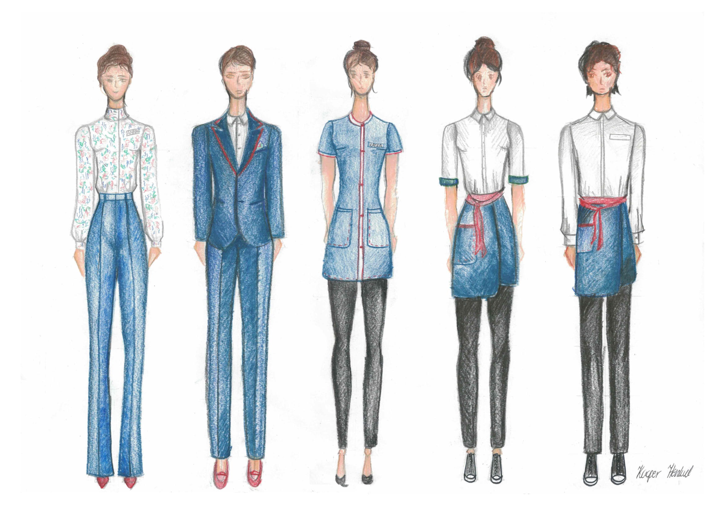 5 naszkicowanych sylwetek ludzkich w niebiesko-białych strojach