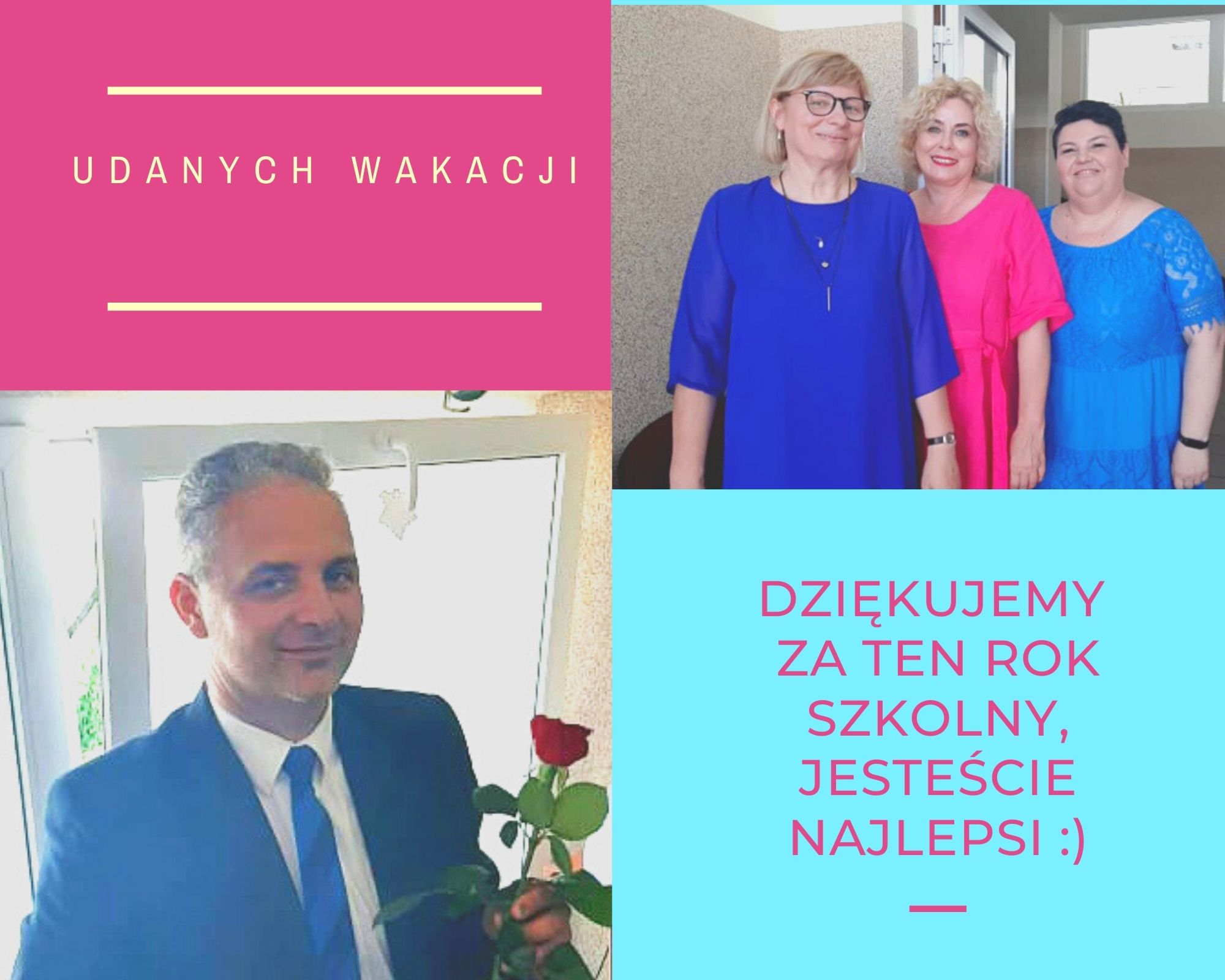 pocztówka, górny prawy róg trzy kobiety, pierwsza w niebieskiej sukience, druga w fuksjowej, trzecia w niebieskiej, w lewym dolnym rogu mężczyzna w garniturze z różą