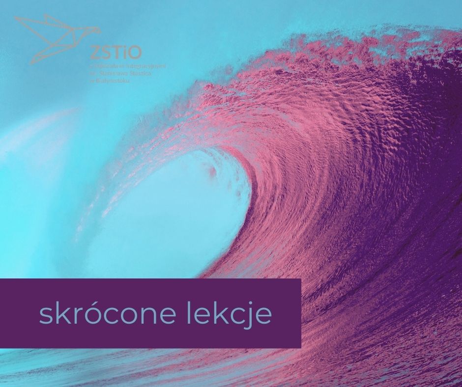 fala na oceanie, napis skrócone lekcje, logo szkoły zstio