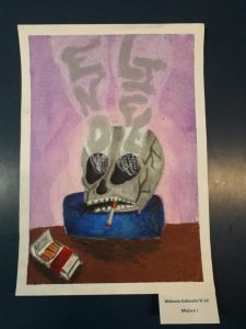 plakat, czaszka, w czaszce papieros, popielniczka, opakowanie po papierosach