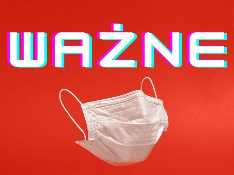 maseczka na czerwonym tle, na górze napis ważne