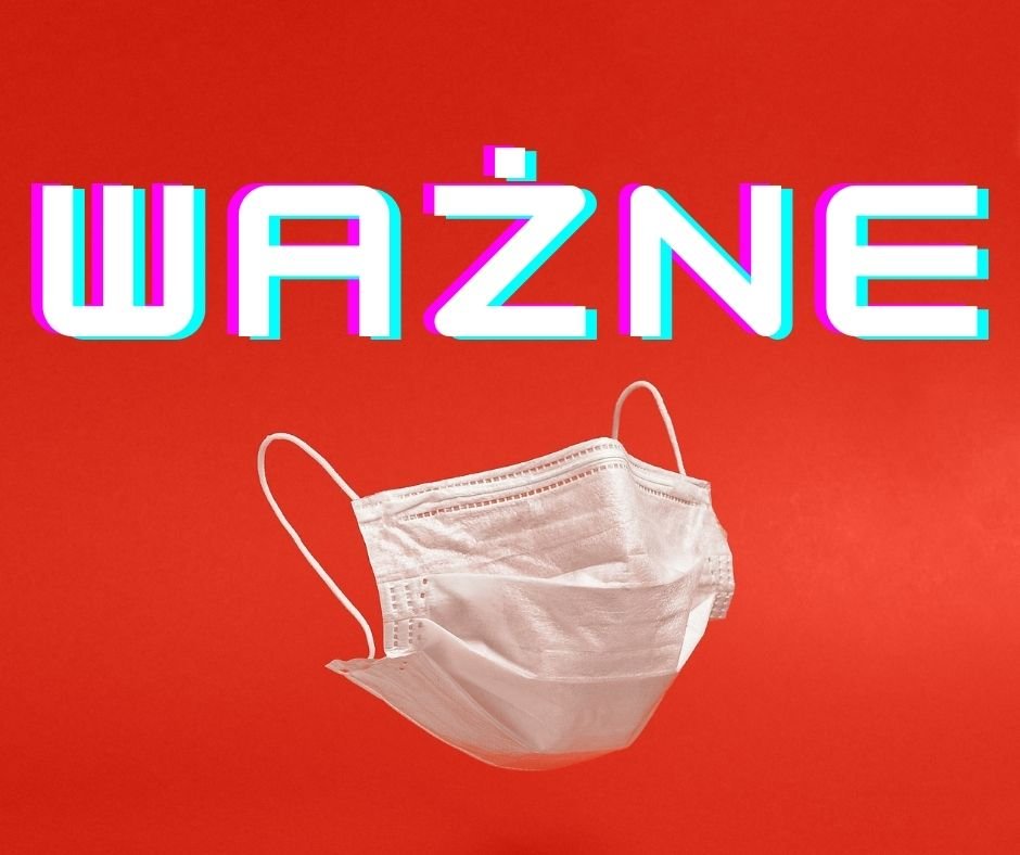 maseczka na czerwonym tle, na górze napis ważne