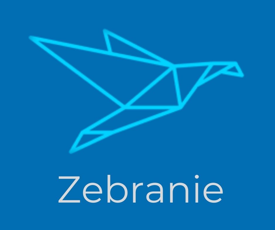 niebieskie tło, logo ptak, napis zebranie